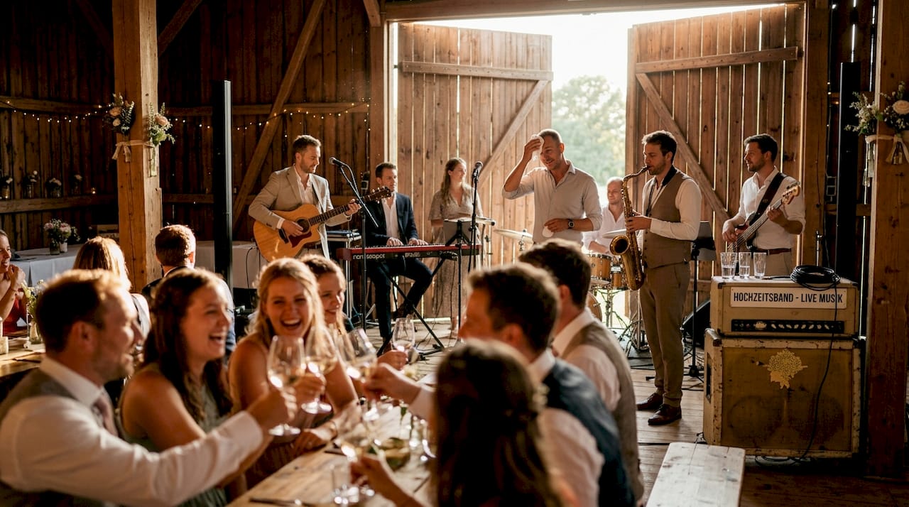 Während die Sonne langsam untergeht, sorgt eine Live-Band für die perfekte musikalische Begleitung der Hochzeitsfeier.