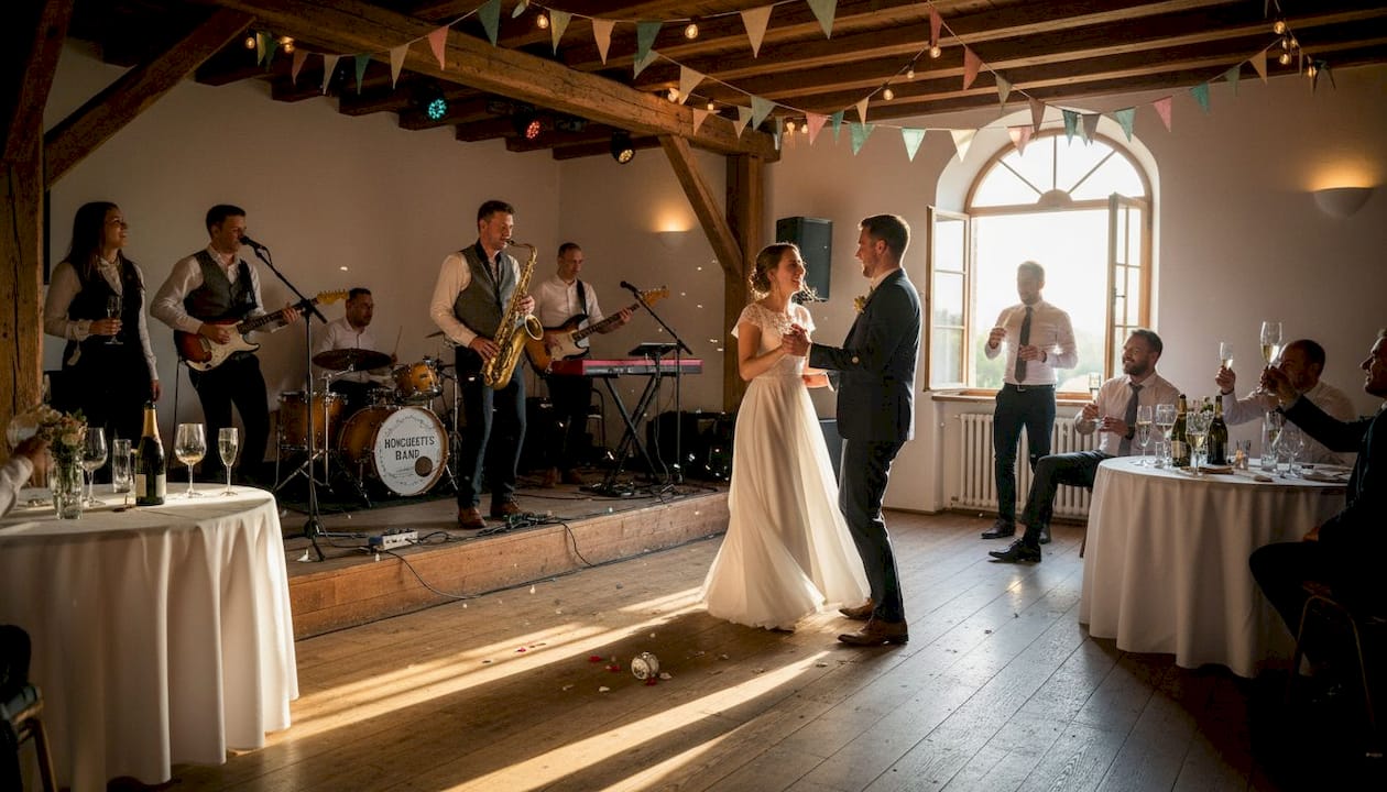 Die Live-Band sorgt für Stimmung und bringt die Hochzeitsgesellschaft auf die Tanzfläche.