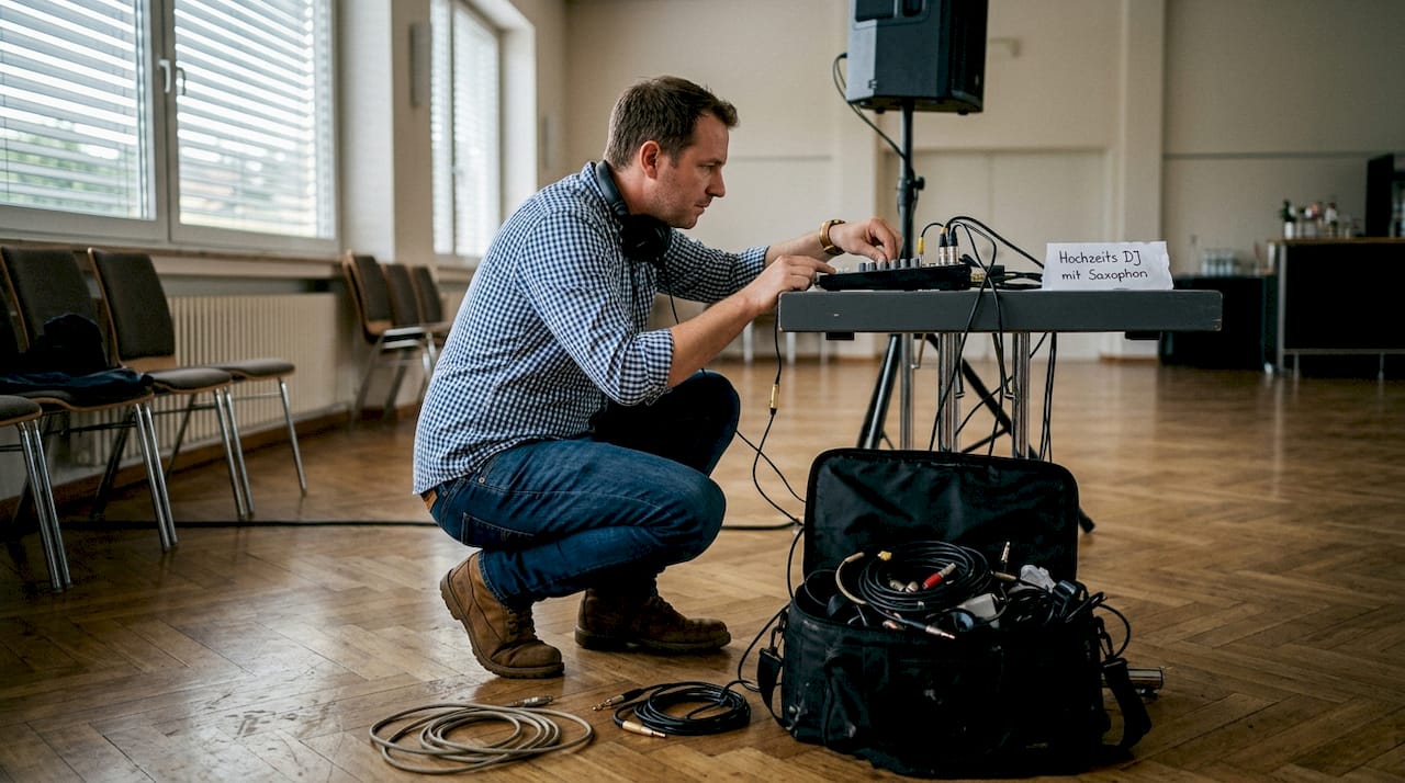 Der DJ prüft die Technik am Mischpult in der Eventlocation.