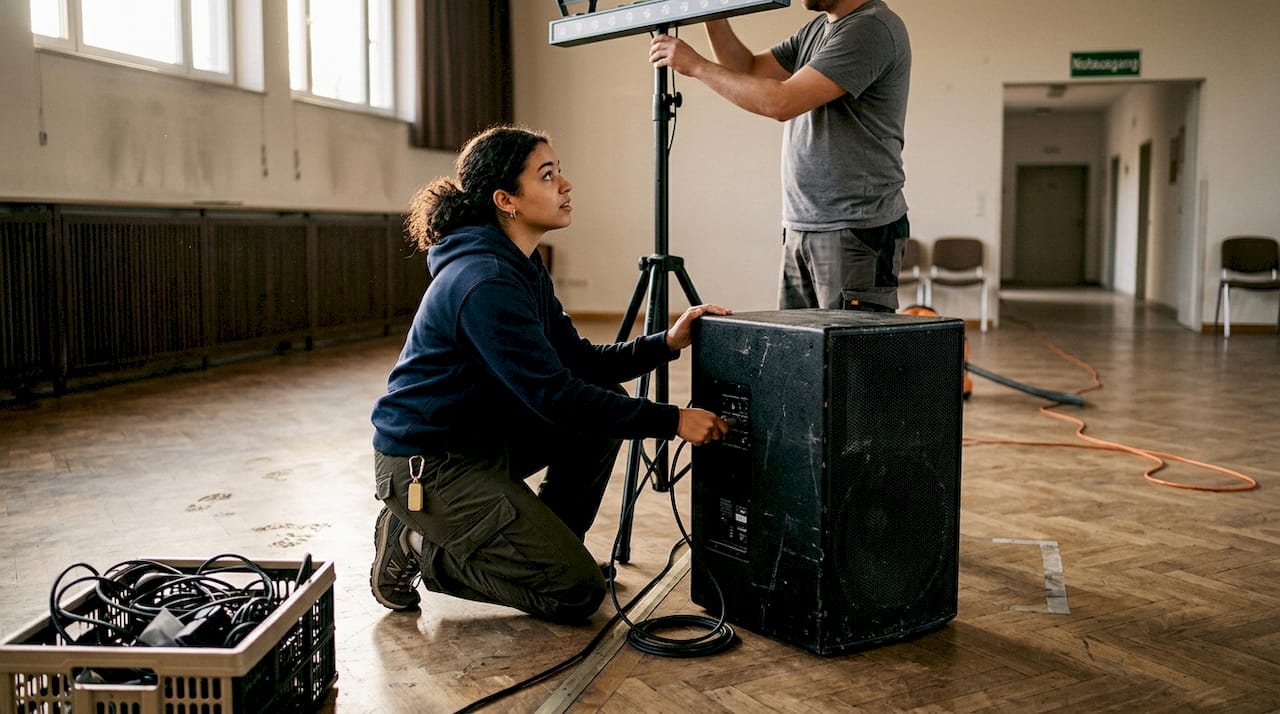 Eine DJane baut die Soundanlage für die Veranstaltung auf.