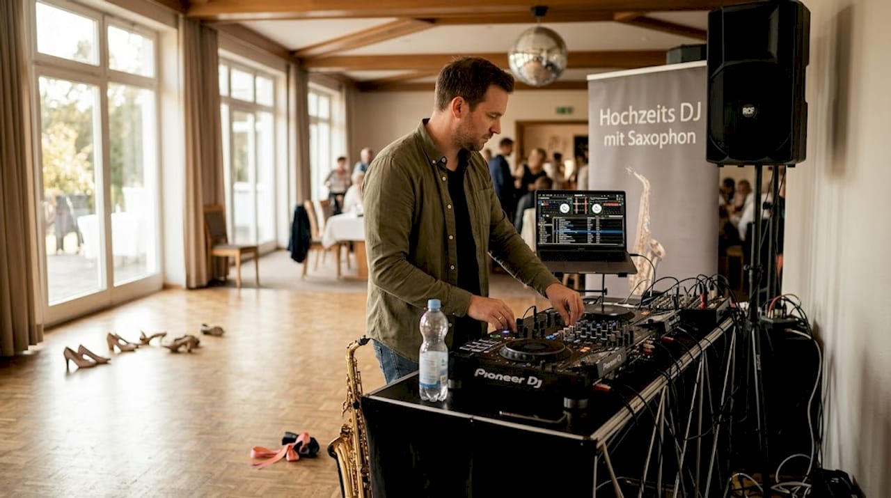 Der DJ baut das Equipment für die Hochzeitsfeier auf und sorgt dafür, dass alles bereit für die Party ist.