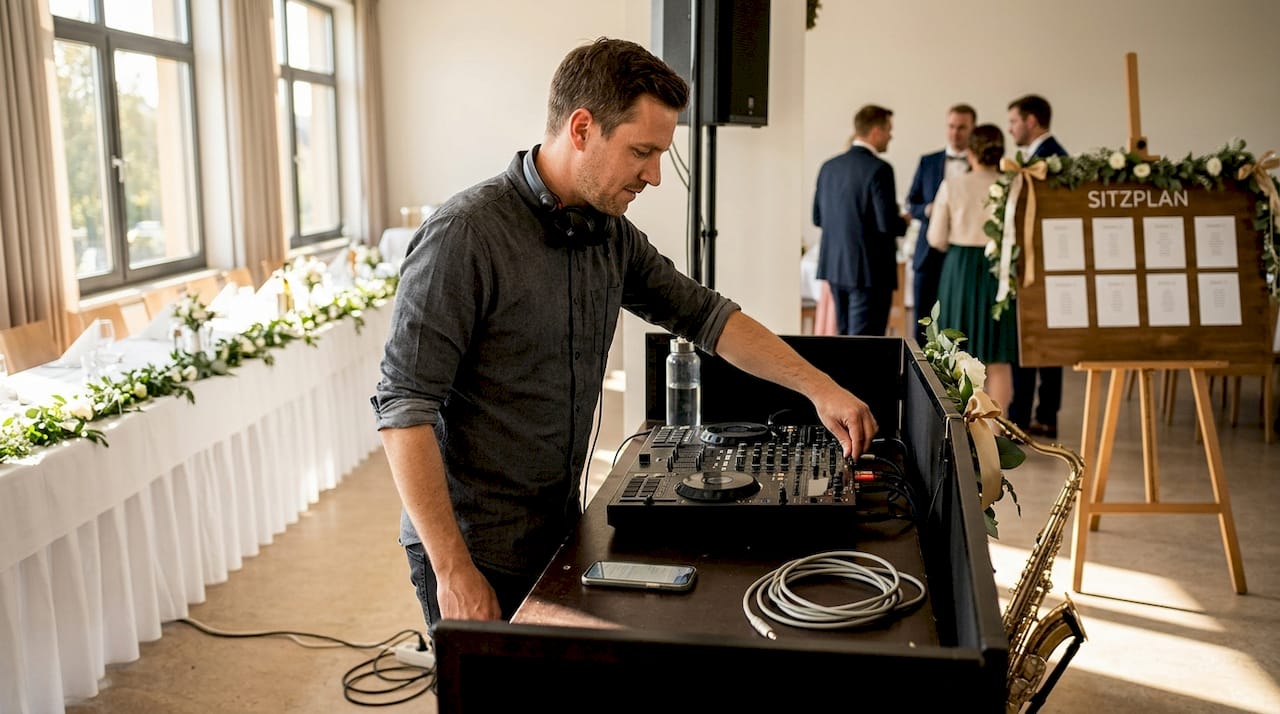 Bevor die Hochzeitsfeier beginnt, überprüft der DJ noch einmal sein Equipment und sorgt dafür, dass alles einwandfrei funktioniert.