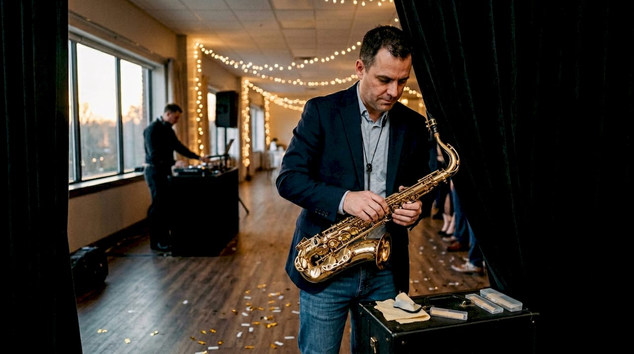 Kurz vor seinem Auftritt bei einer Überraschungshochzeit stimmt der Saxophonist hinter der Bühne noch einmal sein Instrument ein.