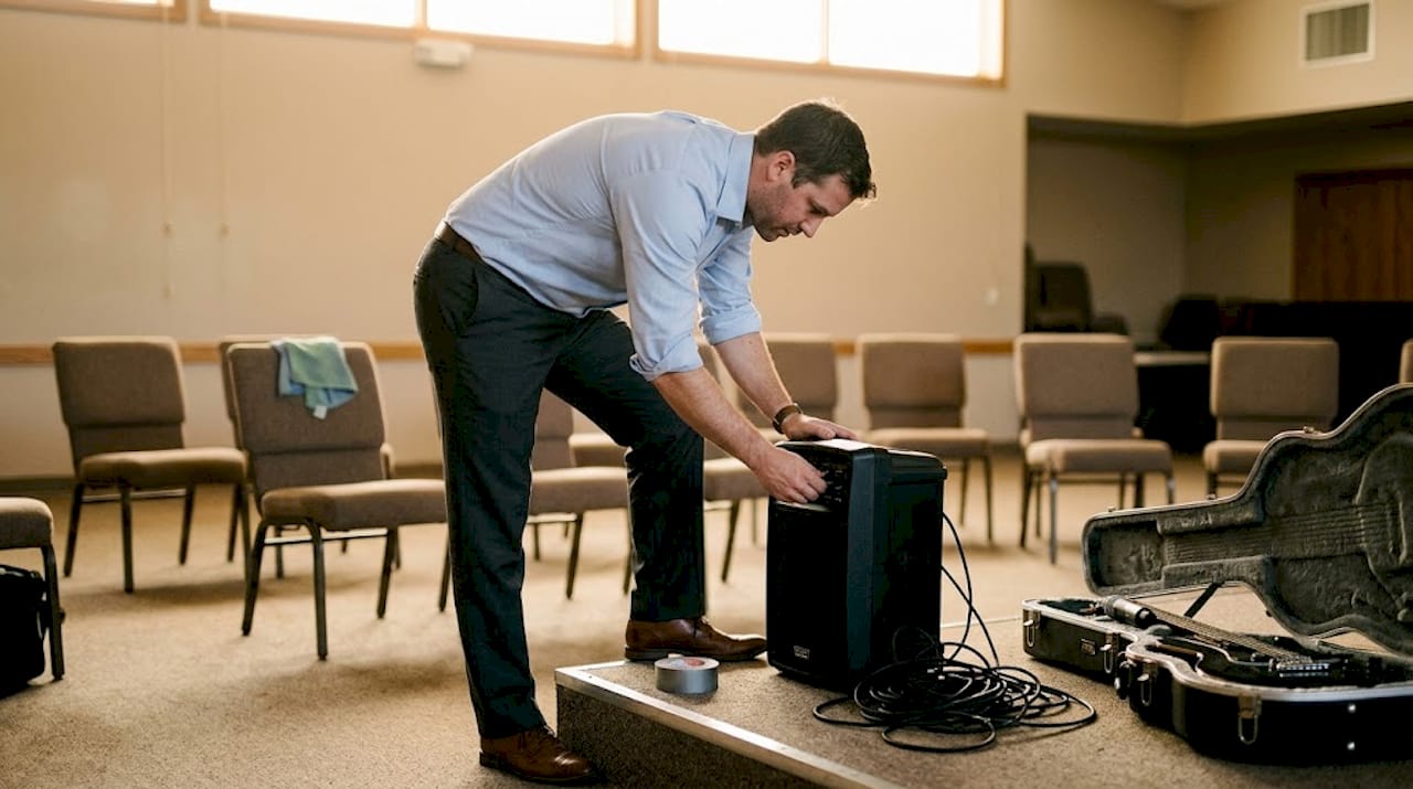 Vor Beginn der Hochzeitsfeier bereitet der Musiker seine Technik vor und baut das Equipment auf.
