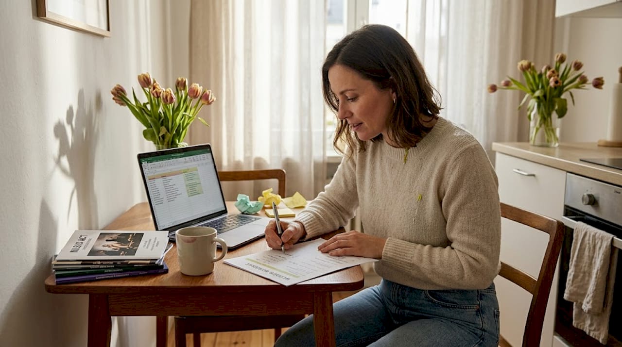 Am Küchentisch sitzt eine Frau und überlegt, welche Musik sie für ihre Hochzeit auswählt.