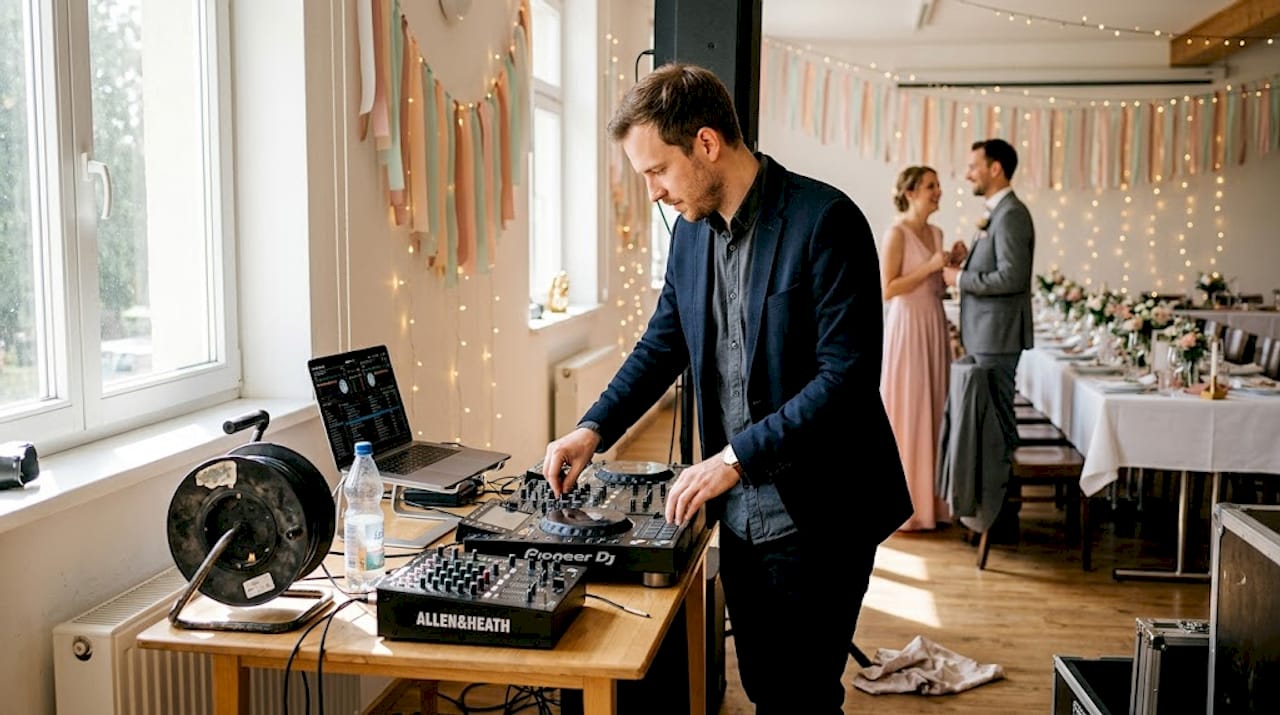 Der DJ richtet das Mischpult für die Hochzeitsfeier ein.