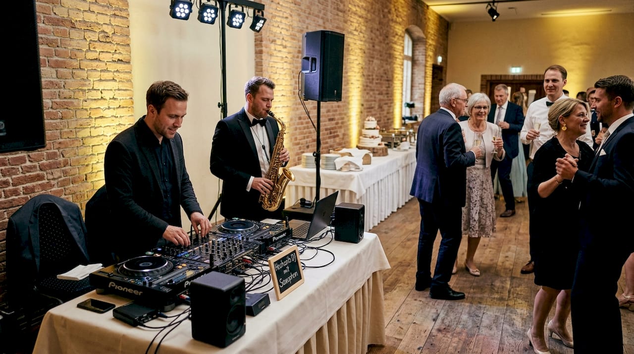 Ein DJ und ein Saxofonist sorgen für beste Stimmung und bringen die Hochzeitsgäste auf die Tanzfläche.