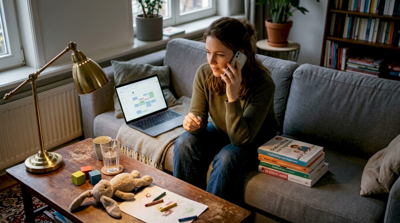 Vrouw zit in de woonkamer en denkt na over haar gezinsplanning.
