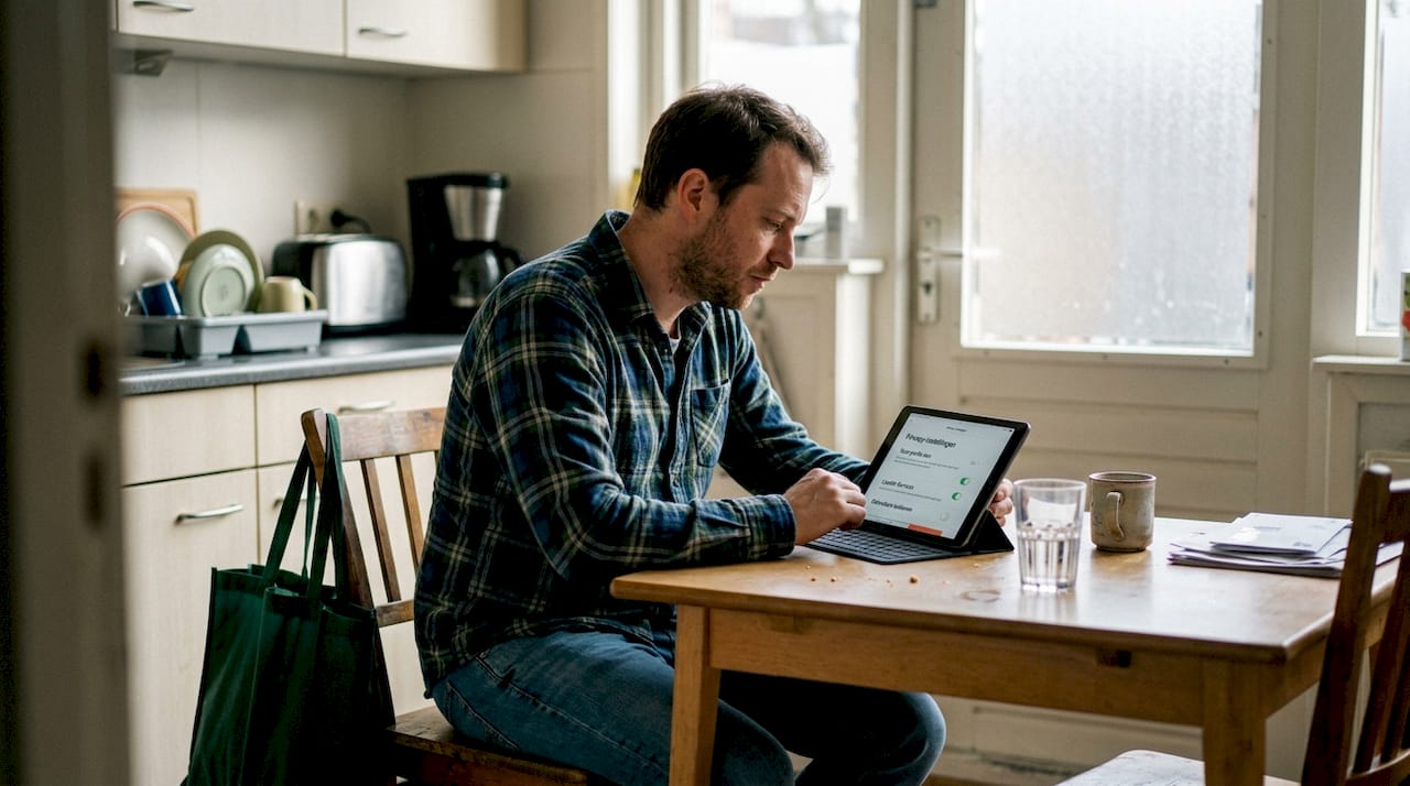 Man bekijkt thuis de privacy-instellingen van zijn datingapp