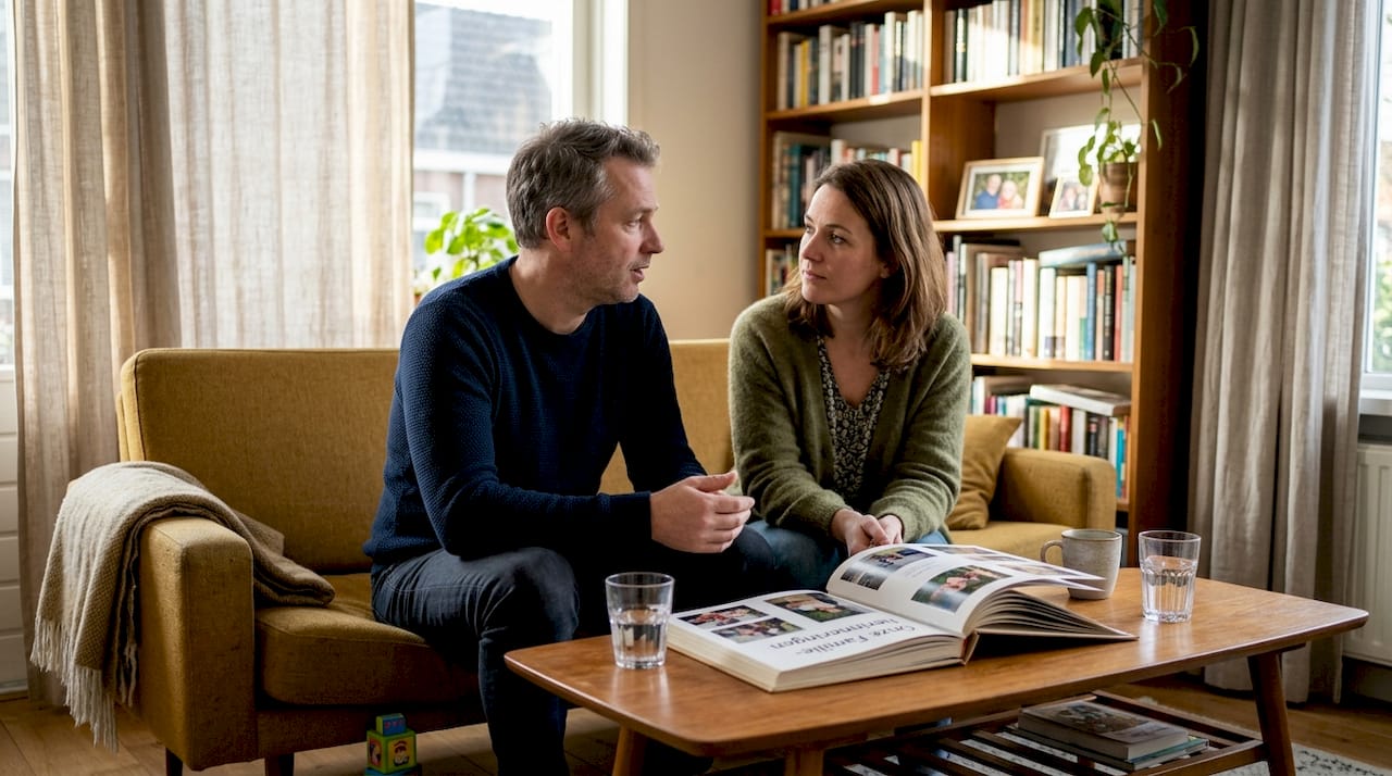 Een stel zit samen op de bank in de woonkamer en praat over hun toekomstplannen voor het gezin.