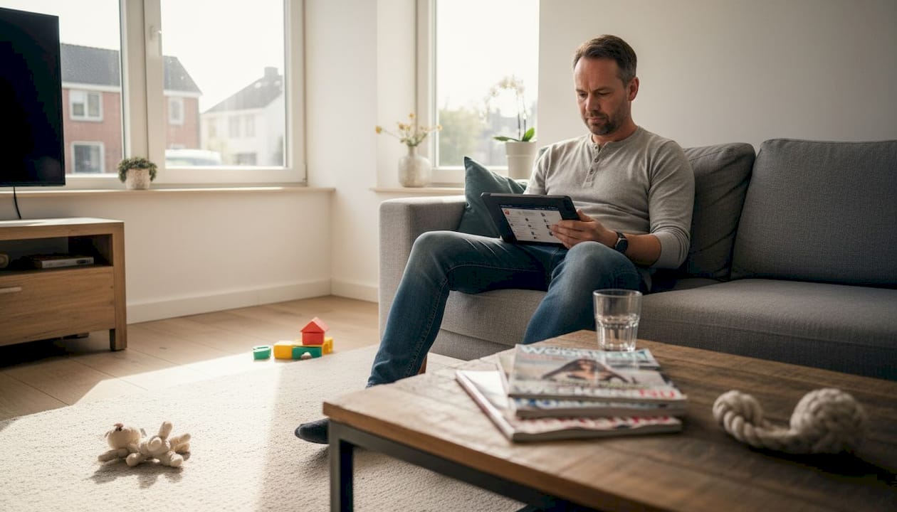 Vrijgezelle man scrolt door datingprofielen in zijn woonkamer