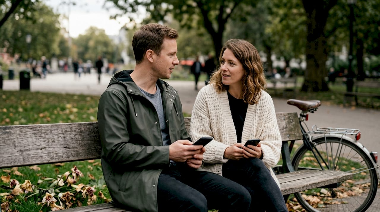 Koppel praat op een bankje in het park over hun wensen in de liefde