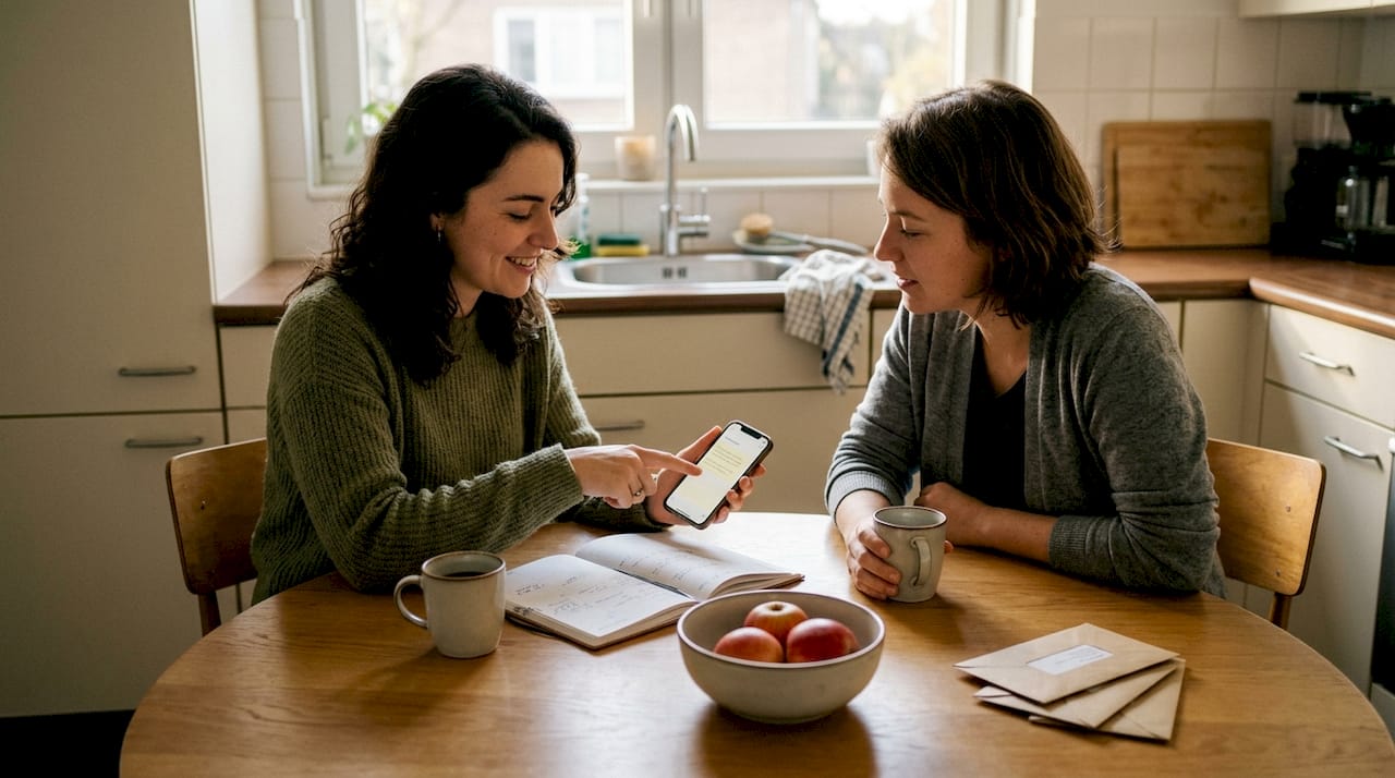 Twee vrienden zitten aan tafel en praten openhartig over of ze goed bij hun partners passen.