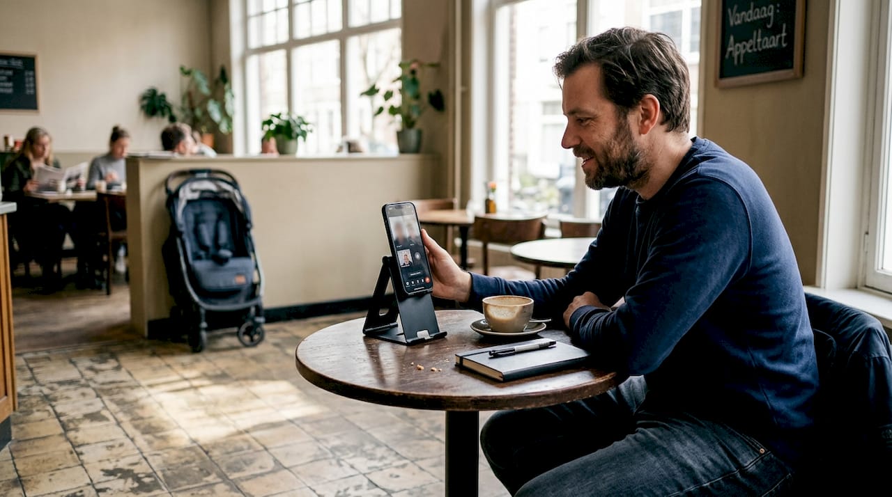 Man voert een videogesprek in een rustig café