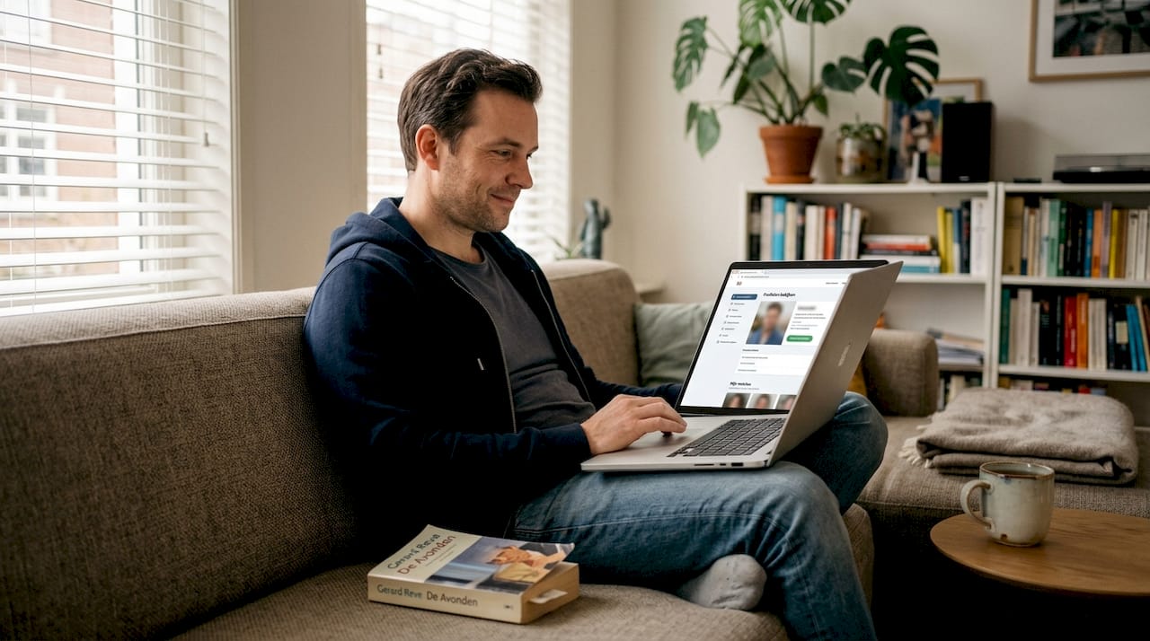 Een man zit relaxed op de bank en bladert op zijn laptop door verschillende datingprofielen.