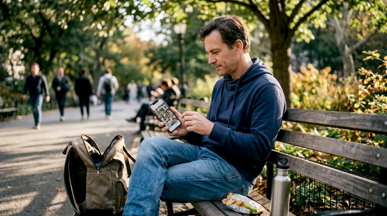 Man twijfelt over welke profielfoto hij zal kiezen terwijl hij in het park zit.