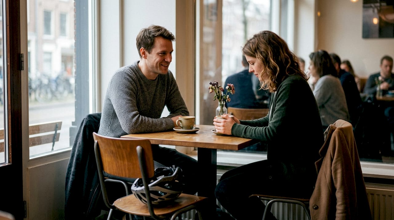 Twee singles ontmoeten elkaar voor het eerst in een café