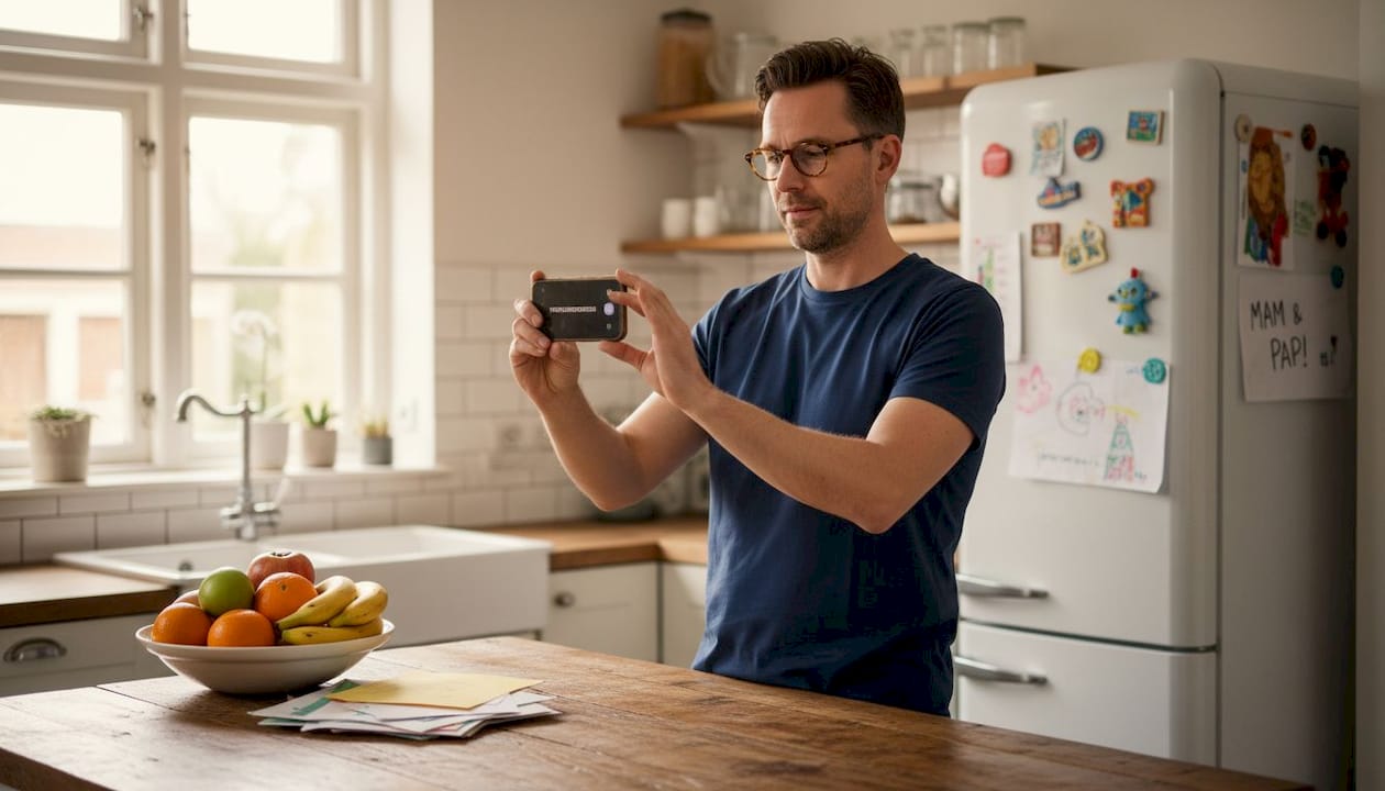 Man checkt zijn datingprofiel op zijn telefoon terwijl hij in de keuken staat