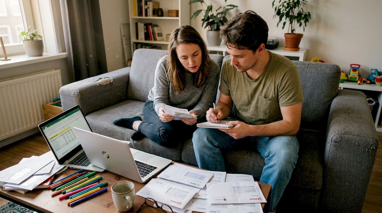 Stel dat samen hun rekeningen doorneemt aan de eettafel, omringd door een gezellig, geleefd interieur.