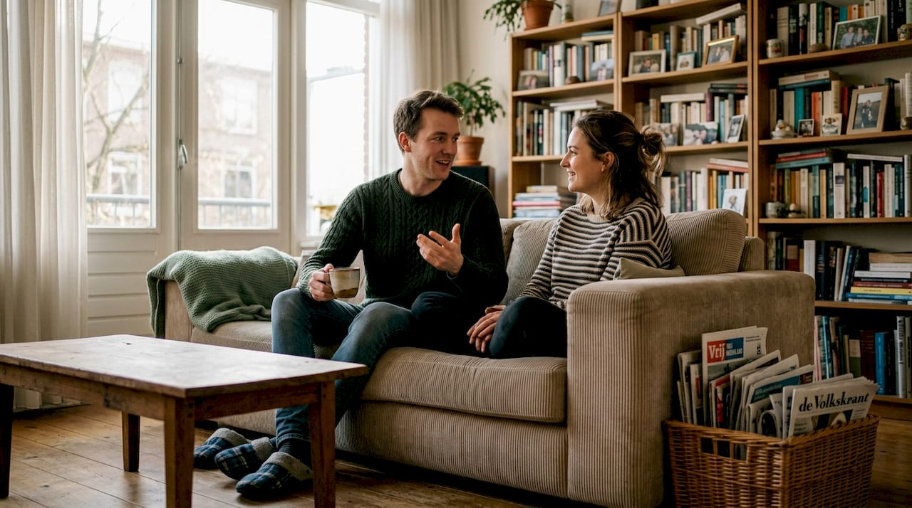 Een man die in de woonkamer een verhaal over zijn jeugd vertelt.