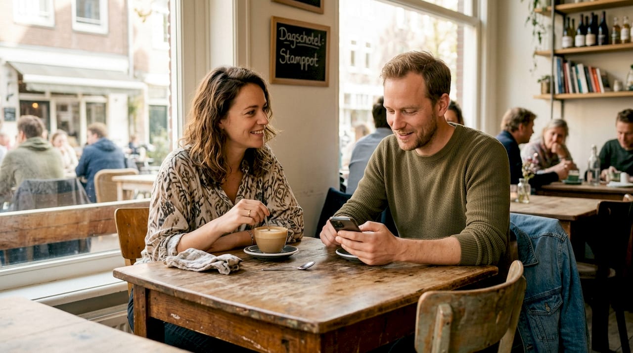 Alleenstaanden maken een gezellig praatje in een knus stads café.