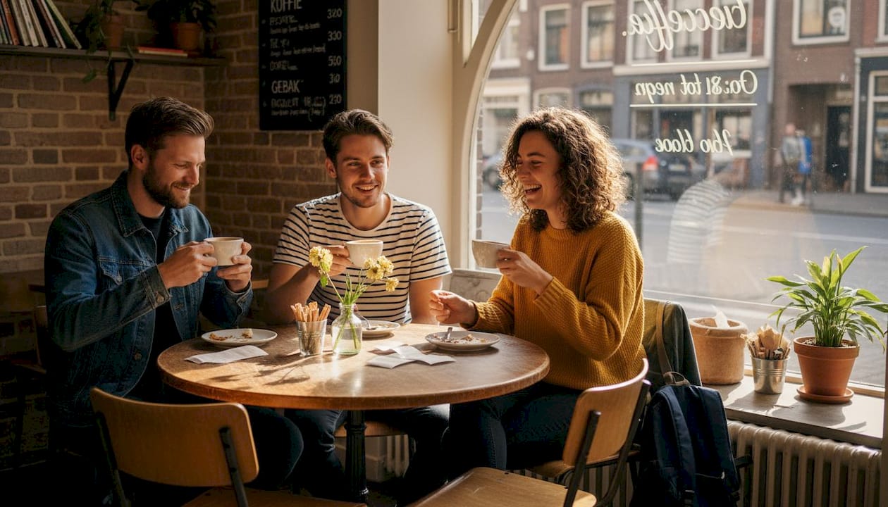 Een groep vrienden zit gezellig in een café en praat uitgebreid over hun datingavonturen.