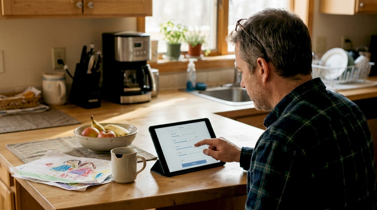 Man zit in de keuken op zijn tablet te sleutelen aan zijn datingprofielinstellingen.