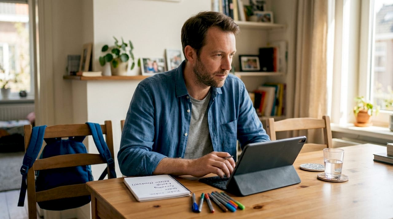 Man zit in de keuken zijn datingprofiel bij te werken