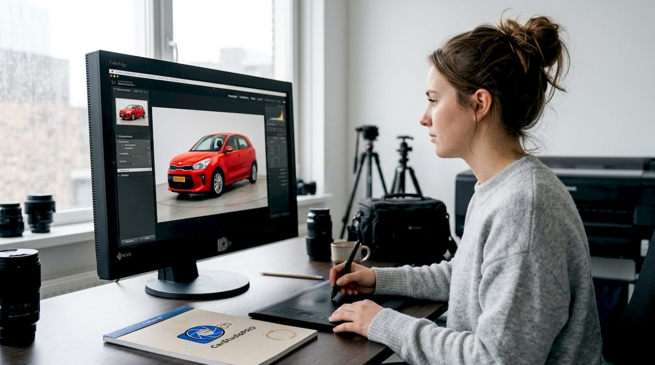 Professionele kleurafstemming van auto-opnames in de fotostudio