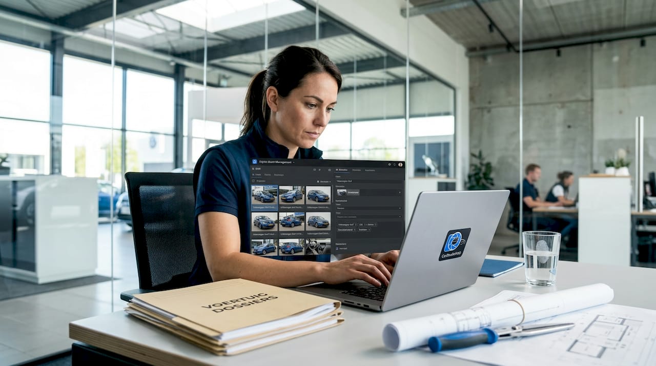 Een collega voorziet autobeelden van tags in de DAM-software.