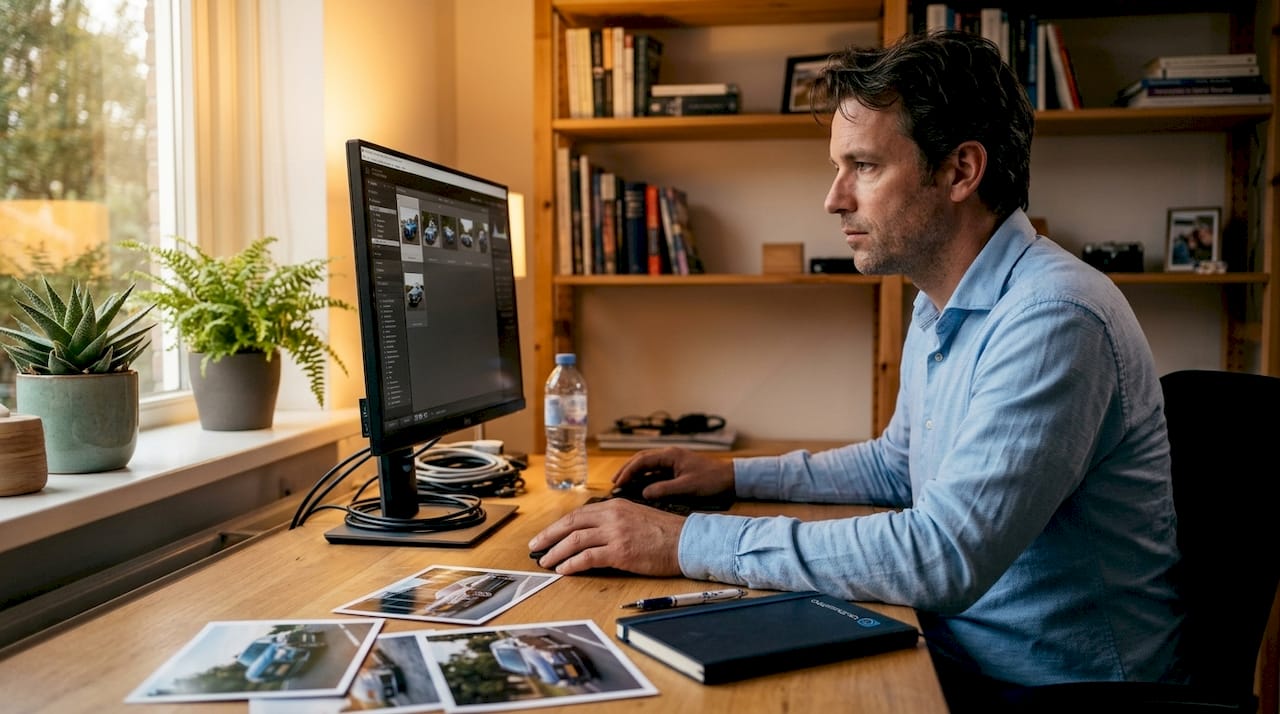 Man bekijkt thuis zijn RAW-foto’s op de computer