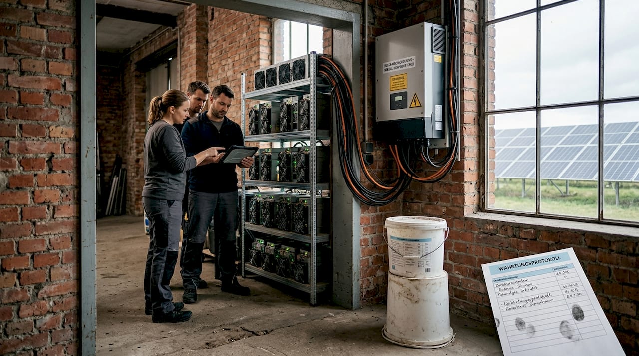Fachkräfte überprüfen die Technik einer Bitcoin-Mining-Anlage, die mit Solarenergie betrieben wird.
