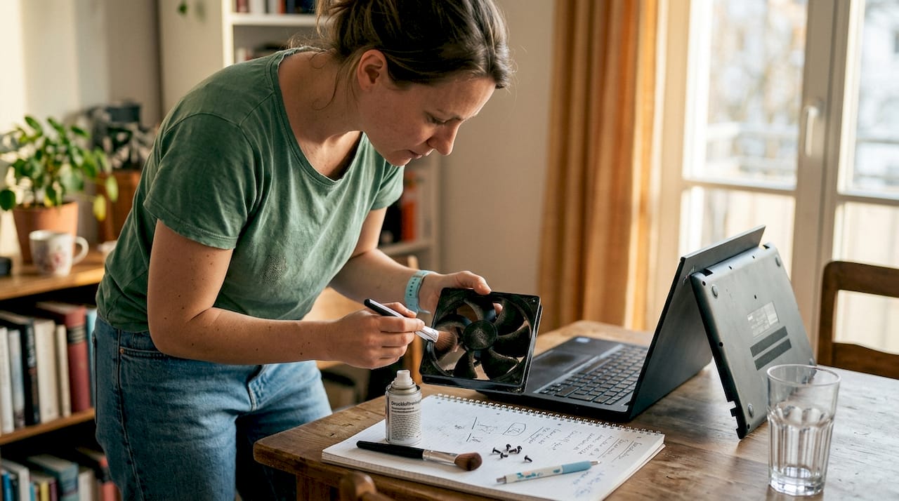 A woman cleaning a dusty computer fan at her kitchen table at home.
