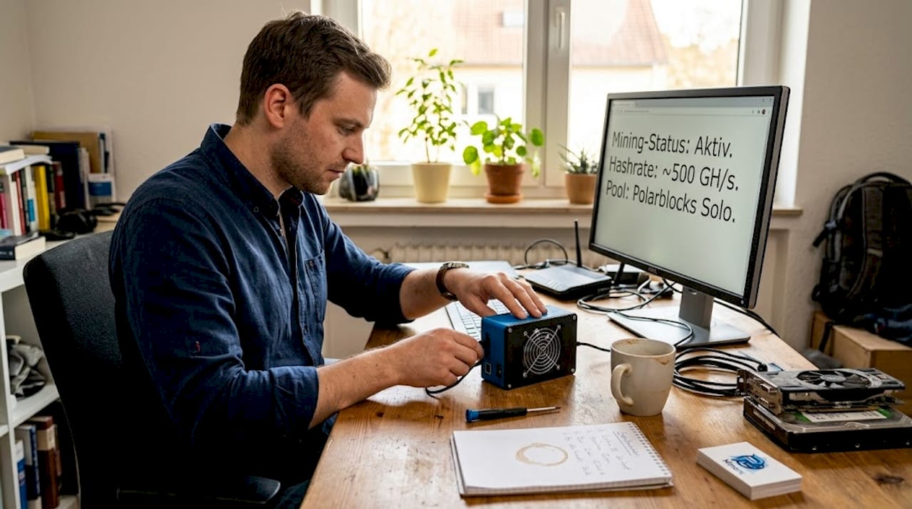 Ein Mann arbeitet im Homeoffice an seinem Schreibtisch, während im Hintergrund ein Bitcoin-Miner läuft.