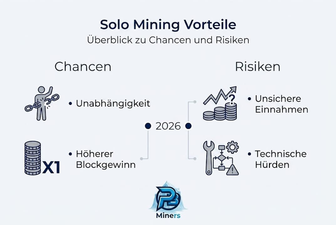 Die Infografik beleuchtet die Vor- und Nachteile des Solo-Minings und zeigt, worauf man achten sollte.