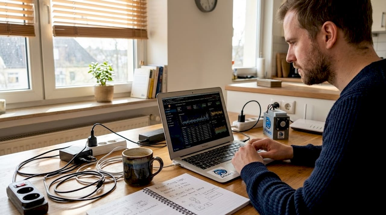 Ein Mann steuert sein Mining-Gerät ganz entspannt vom Küchentisch aus.
