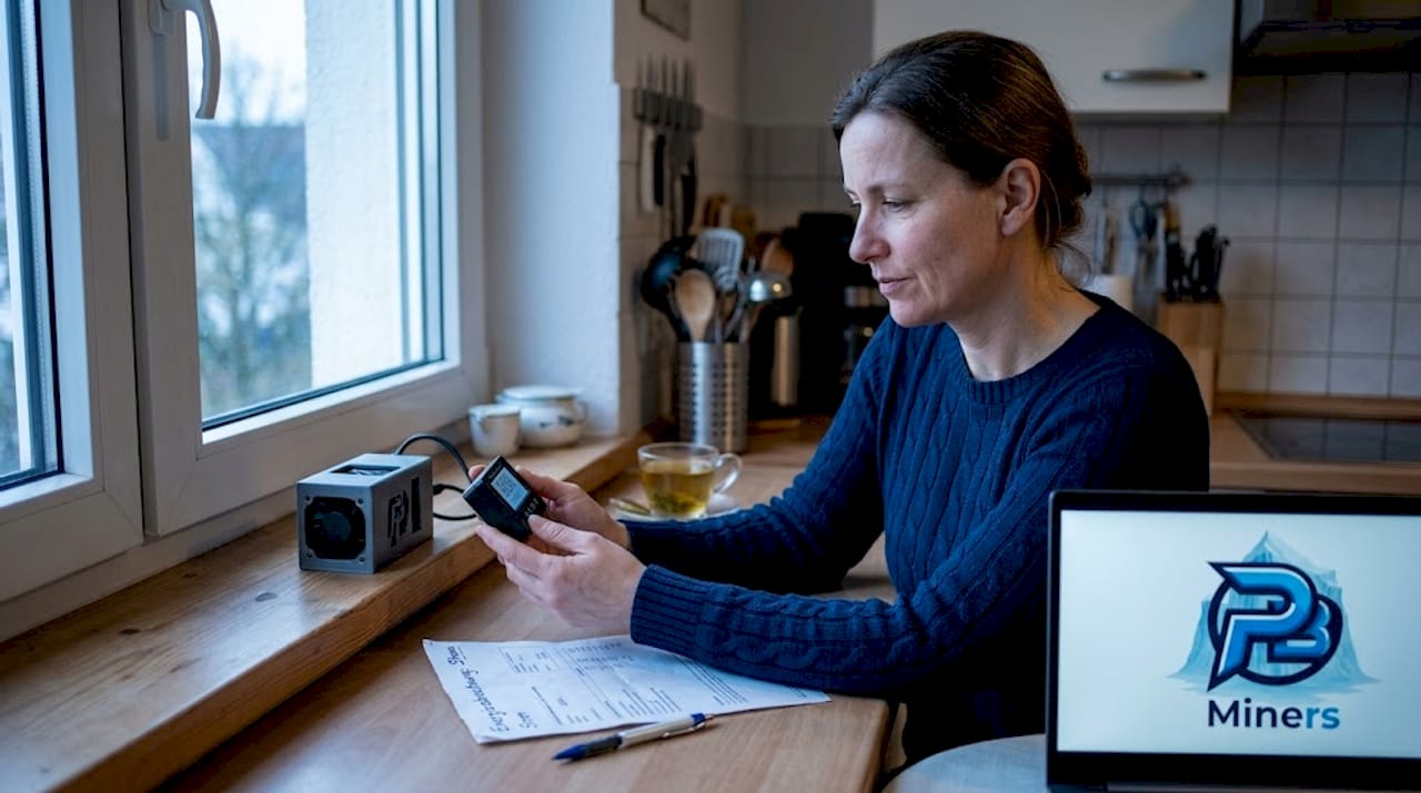 Eine Frau kontrolliert den Stromverbrauch ihres Mining-Setups in der Küche.