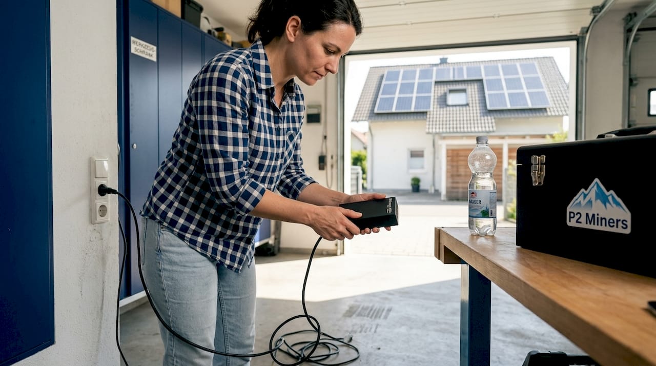 Eine Frau nutzt die Solarenergie ihres Eigenheims, um ihr Mining-Gerät zu betreiben.