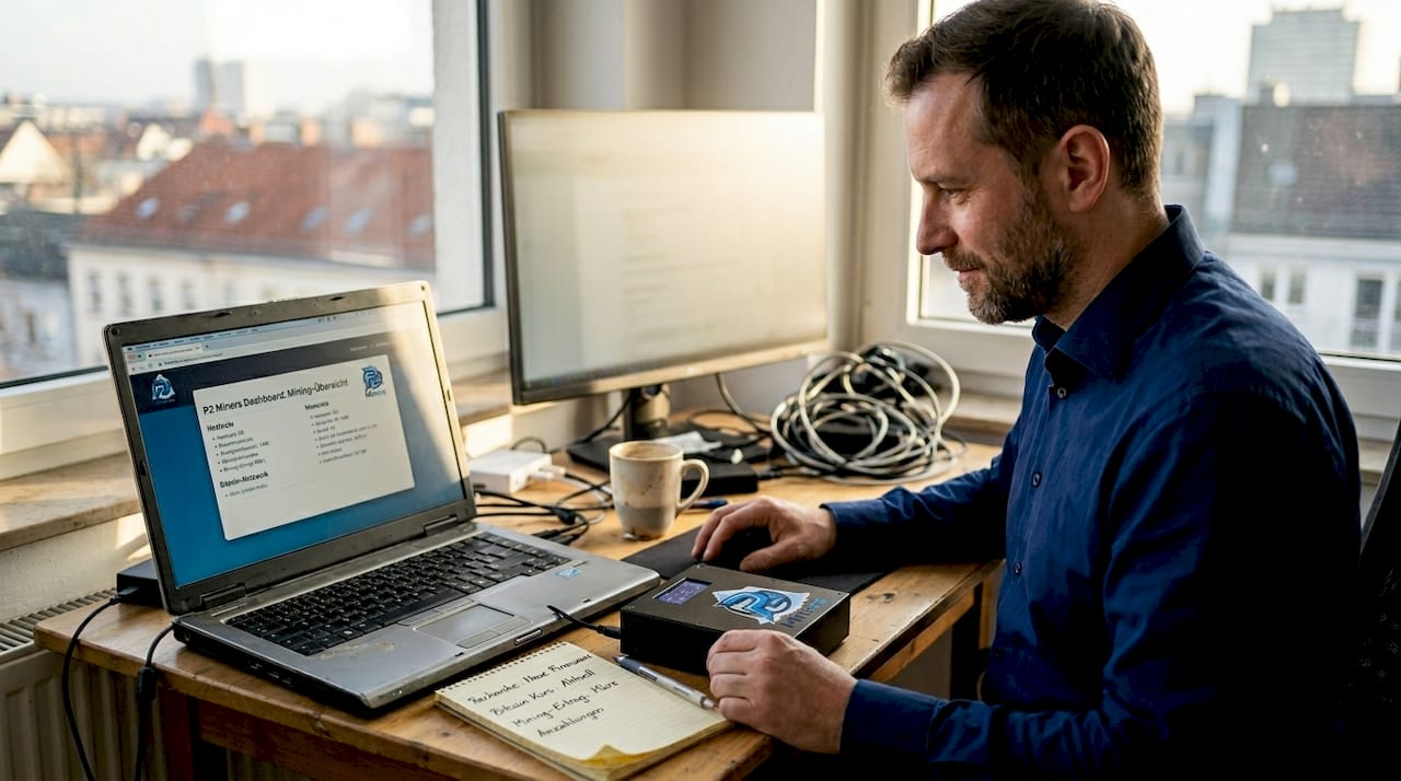 Makroaufnahme eines flüsterleisen 15W Solo-Miners auf einem aufgeräumten Homeoffice-Schreibtisch, der an ein Balkonkraftwerk gekoppelt ist.