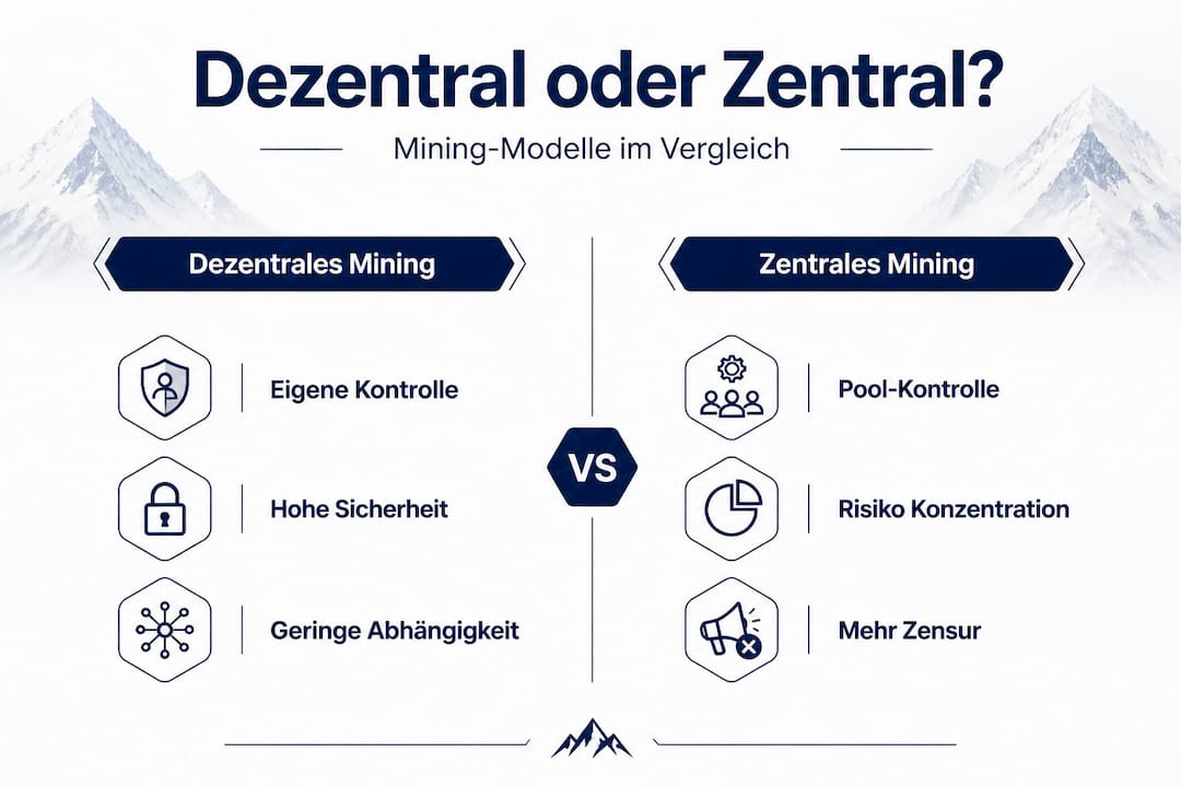 Infografik: Direktvergleich zwischen dezentralem und zentralem Mining