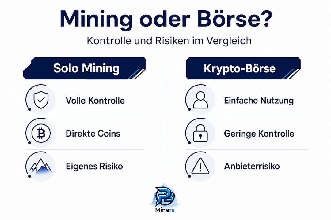 Grafik zeigt die Unterschiede zwischen eigenständigem Krypto-Mining und dem Handel über Kryptobörsen auf
