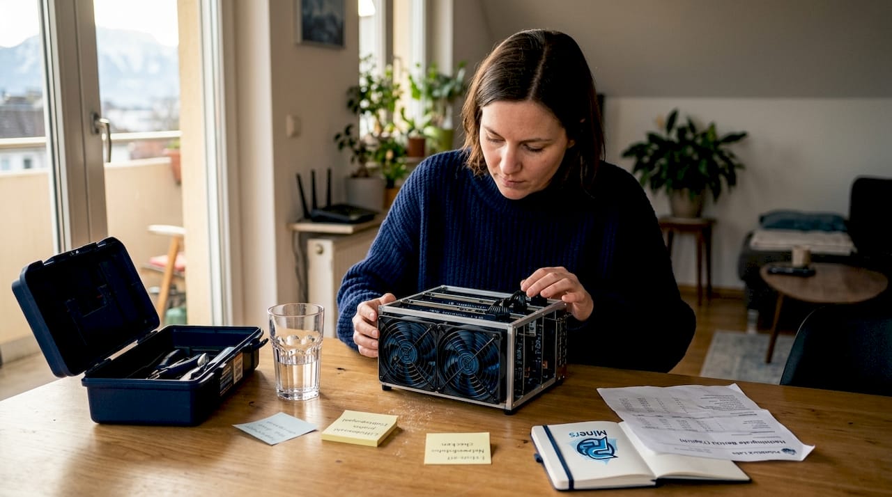 Eine Person überprüft ihr Mining-Rig, das mit einem besonders leisen Lüfter ausgestattet ist.
