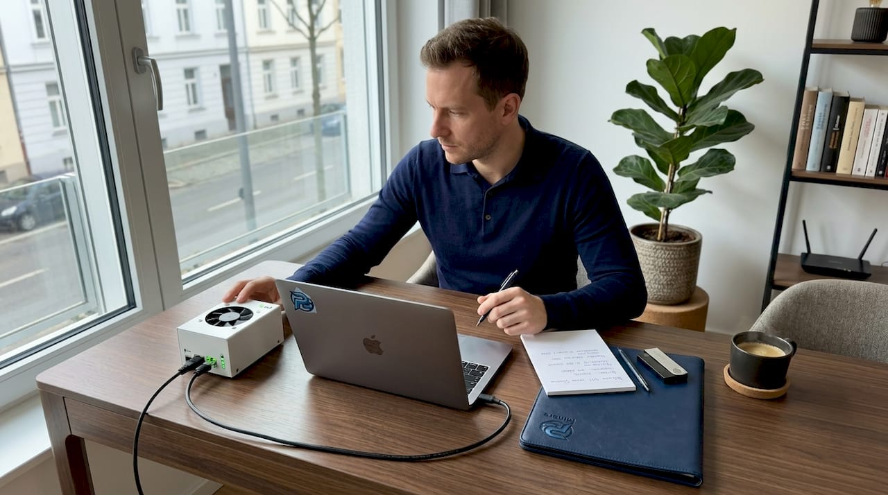 Ein Mann sitzt an seinem Schreibtisch und arbeitet mit einem ASIC-Miner.