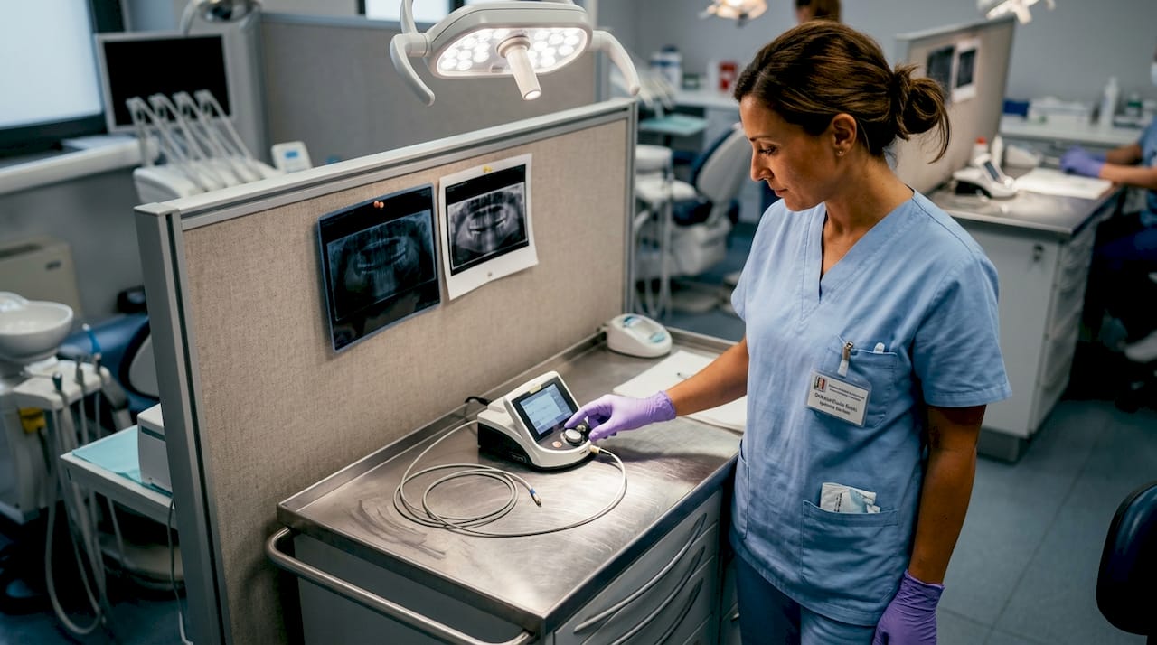 Igienista dentale che si prepara all’utilizzo di strumenti avanzati per terapie specifiche