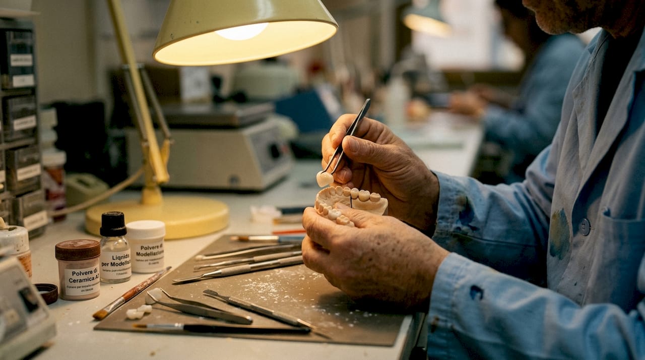 Dettaglio di un odontotecnico al lavoro su una corona in ceramica