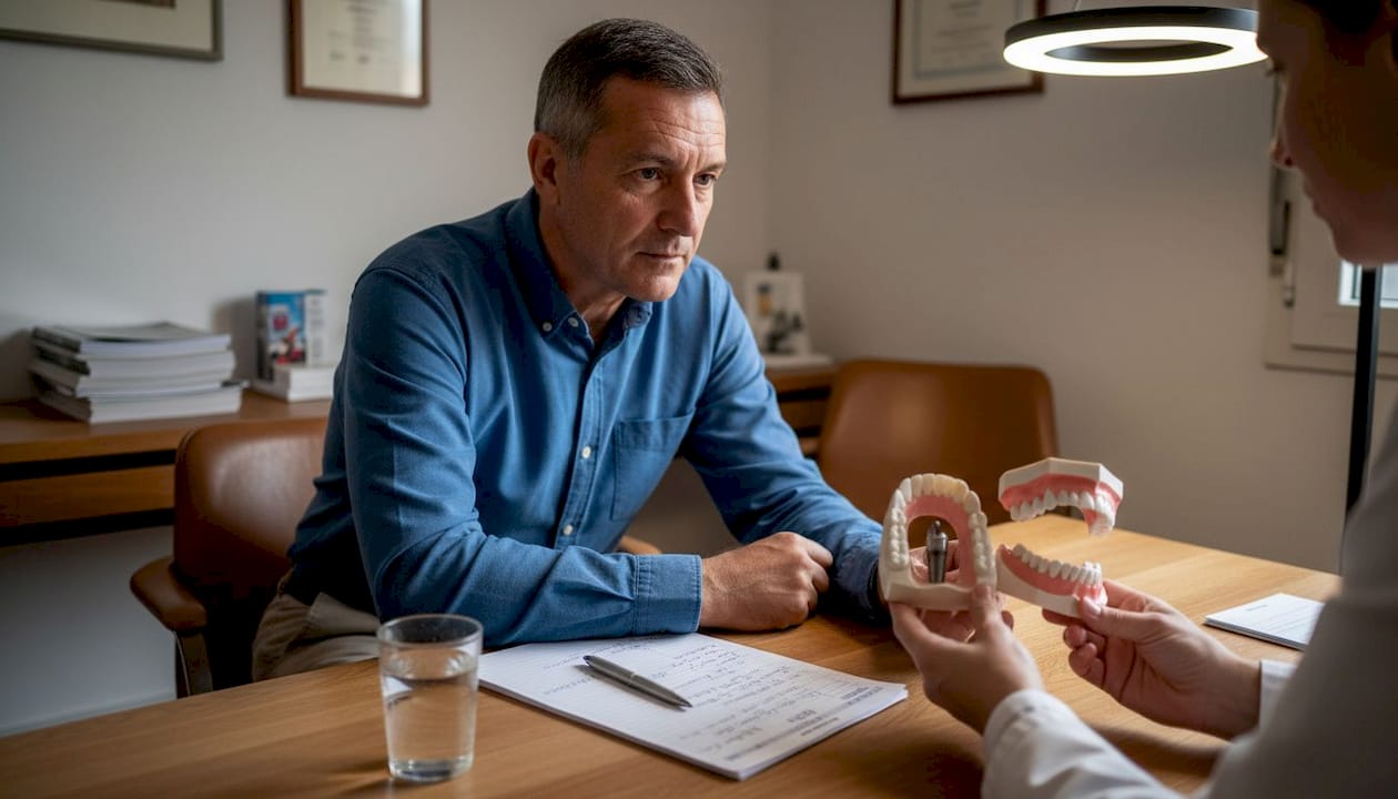 Colloquio tra paziente e dentista sulle opzioni per l’inserimento di impianti dentali