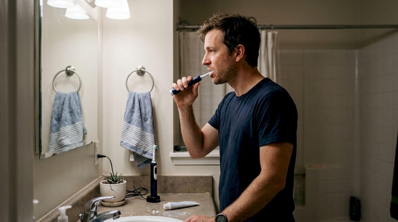 Un uomo si lava i denti con uno spazzolino elettrico davanti al lavandino.