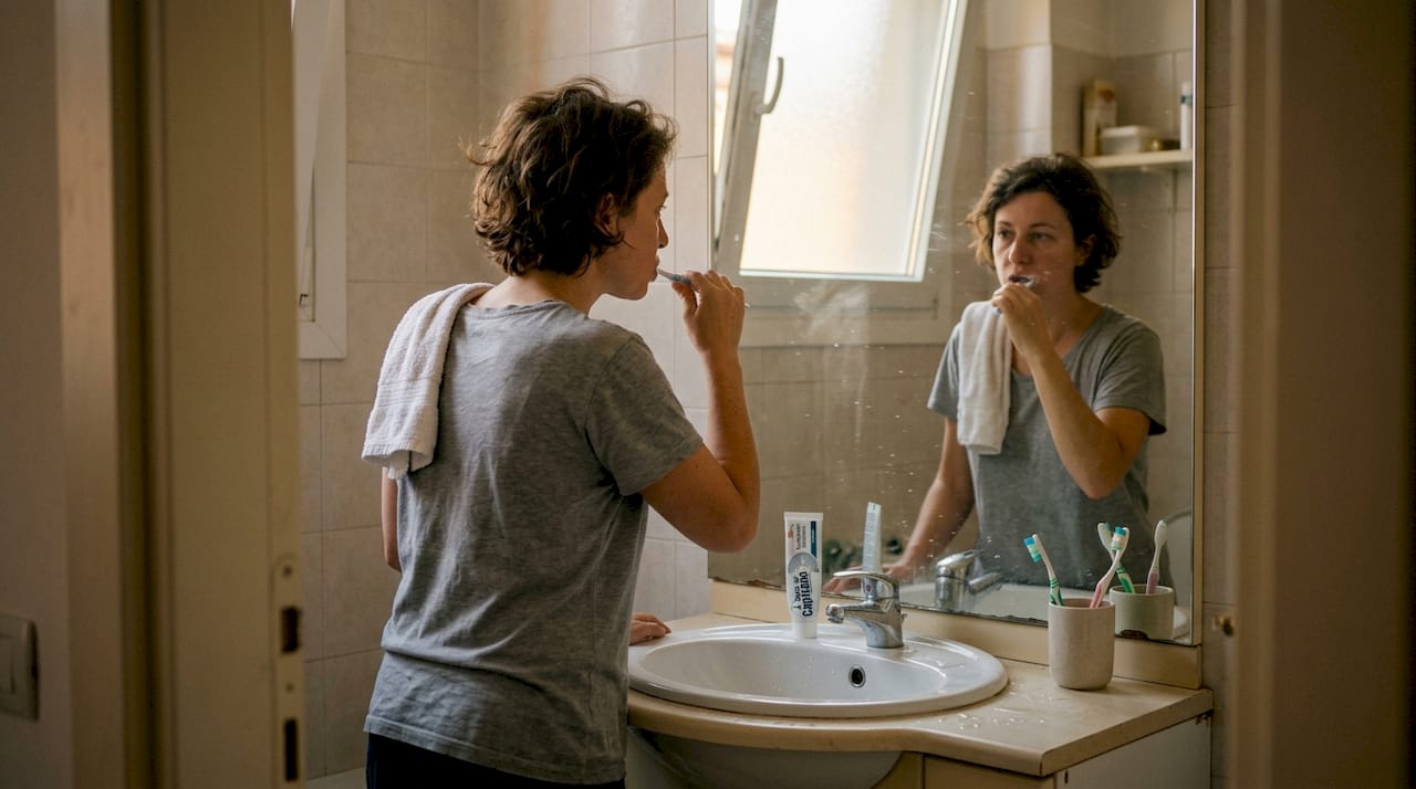 Donna che si lava i denti nel bagno di casa