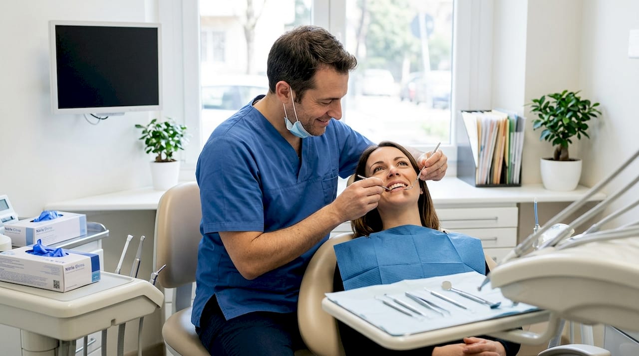 Il dentista visita il paziente accomodato sulla poltrona, controllando con attenzione lo stato della sua bocca.