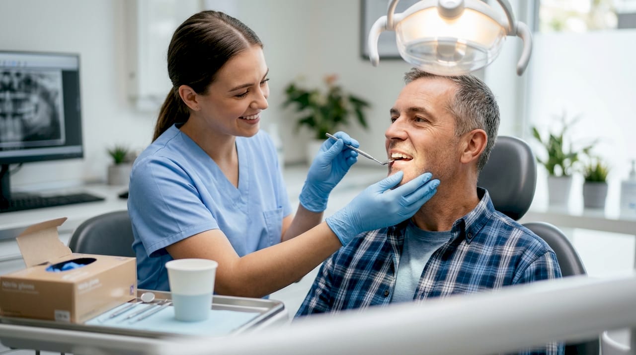 L’igienista mostra al paziente il dente appena restaurato, spiegando il risultato del trattamento.